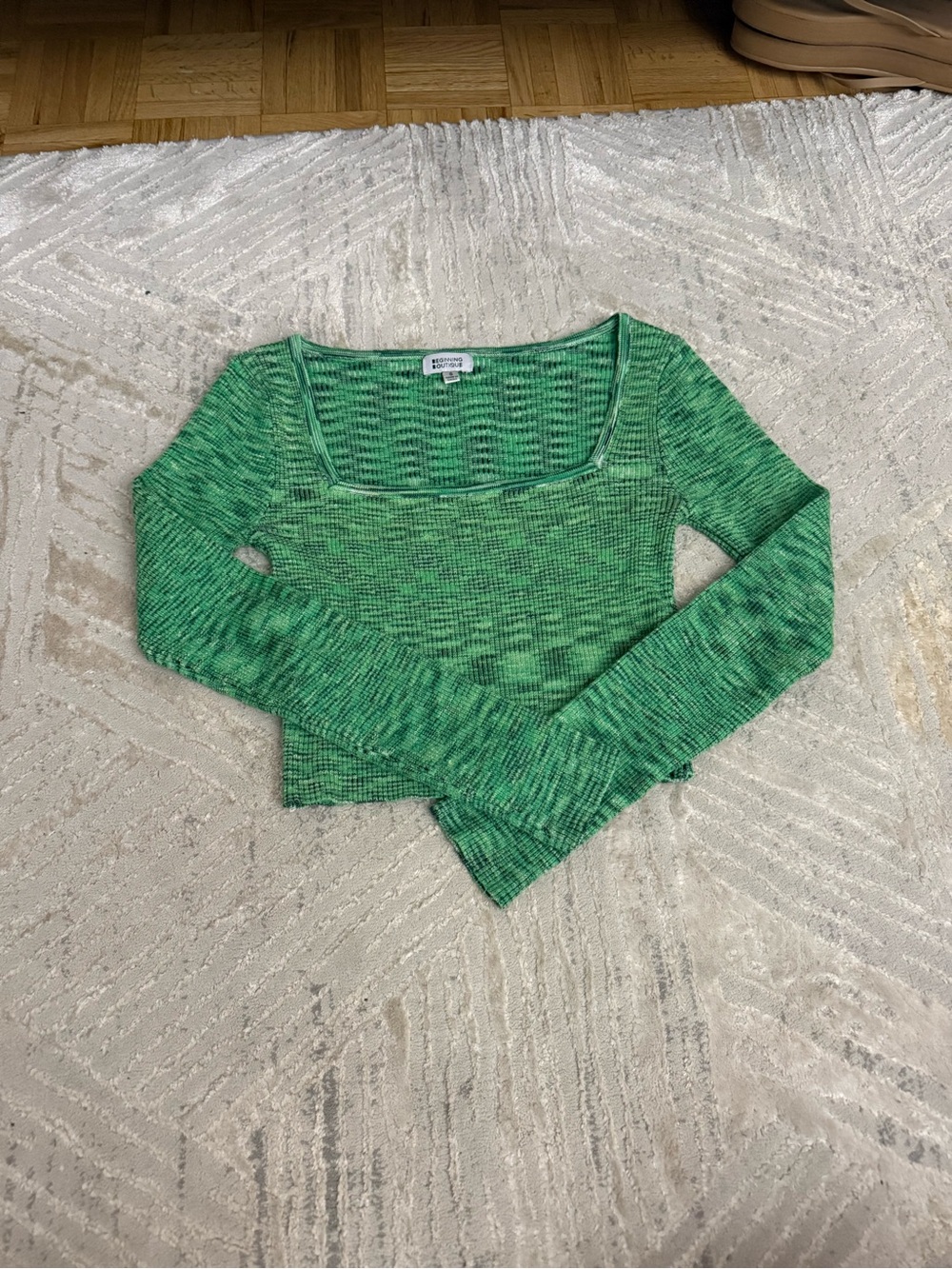 Beginning Boutique Green Ribbed Square-Neck Long Sleeve Top